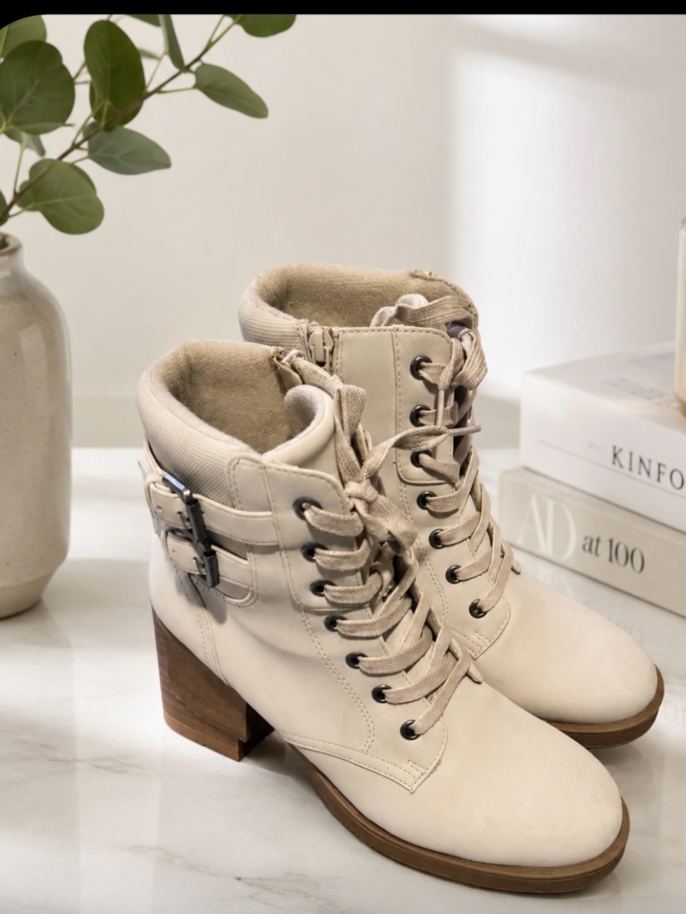 SHEIN Cream Lace-Up Block Heel Ankle Boots with Buckle